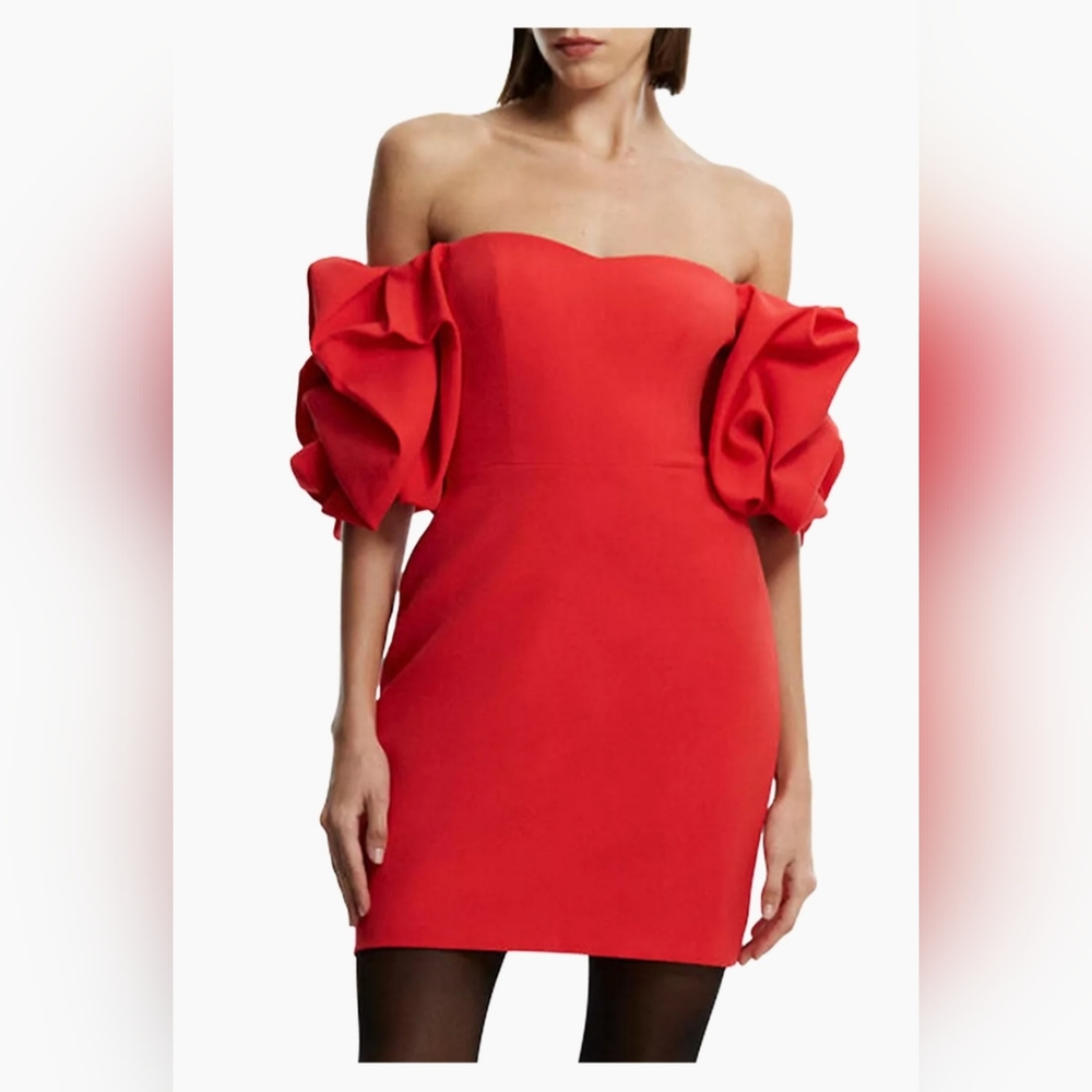 #158 BCBGMAXAZRIA ($368) Mini Dress with statement off the shoulder sleeves NWT